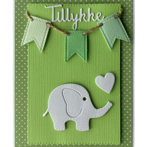 Det perfekte grønne kort med elefant, til fødselsdag eller barnedåb