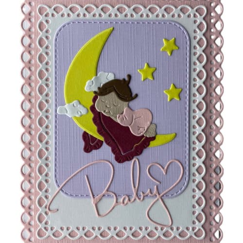 Det perfekte kort til barnedåben med en lille pige på månen. Kortet er håndlavet at kunstneren Annette Segatz